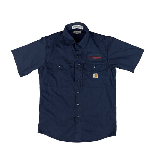 Carhartt Navy Blue Vented Work shirt 396-20 Sz‎ M Staples Embroidered - Picture 1 of 7